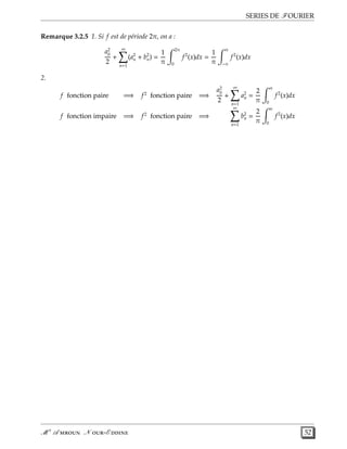 SERIES DE FOURIER
Remarque 3.2.5 1. Si f est de période 2π, on a :
a2
0
2
+
∞
n=1
(a2
n + b2
n) =
1
π
2π
0
f2
(x)dx =
1
π
π
−π
f2
(x)dx
2.
f fonction paire =⇒ f2
fonction paire =⇒
a2
0
2
+
∞
n=1
a2
n =
2
π
π
0
f2
(x)dx
f fonction impaire =⇒ f2
fonction paire =⇒
∞
n=1
b2
n =
2
π
π
0
f2
(x)dx
M r
A  N -E  52
 