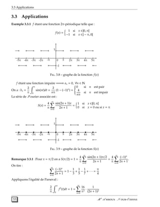 3.3 Applications
3.3 Applications
Exemple 3.3.1 f étant une fonction 2π-périodique telle que :
f(x) =
1 si x ∈]0, π[
−1 si x ∈] − π, 0[
2π 4ππ 3π 5π-2π-4π 0-π-3π-5π
1
-1
F. 3.8 – graphe de la fonction f(x)
f étant une fonction impaire ===⇒ an = 0, ∀n ∈ N
On a : bn =
2
π
π
0
sin(nt)dt =
2
nπ
(1 − (−1)n
) =



0 si n est pair
4
nπ
si n est impair
La série de Fourier associée est :
S(x) =
4
π
∞
n=0
sin(2n + 1)x
2n + 1
=
1 si x ∈]0, π[
0 si x = 0 ou si x = π
2π 4ππ 3π 5π-2π-4π 0-π-3π-5π
1
-1
• • • • • • • • • • •
F. 3.9 – graphe de la fonction S(x)
Remarque 3.3.1 :Pour x = π/2 on a S(π/2) = 1 =
4
π
∞
n=0
sin(2n + 1)π/2
2n + 1
=
4
π
∞
n=0
(−1)n
2n + 1
.
On tire :
∞
n=0
(−1)n
2n + 1
= 1 −
1
3
+
1
5
−
1
7
+ · · · =
π
4
Appliquons l’égalité de Parseval :
2
π
π
0
f2
(t)dt = 1 =
∞
n=0
16
π2
·
1
(2n + 1)2
53 M r
A  N -E 
 