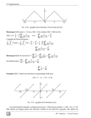 3.3 Applications
+π
·
0
|
π 2π
|
−π−2π
F. 3.10 – graphe de la fonction f(x) et celui de S(x).
Remarque 3.3.3 pour x = 0 on a f(0) = 0 et comme f(0) = S(0) on tire :
S(0) = 0 =
π
2
−
4
π
∞
n=0
1
(2n + 1)2
⇐⇒
∞
n=0
1
(2n + 1)2
=
π2
8
L’égalité de Parseval donne :
1
2π
π
−π
f2
(t)dt =
1
2π
π
−π
t2
dt =
π2
3
=
π2
4
+
1
2
·
16
π2
∞
n=0
1
(2n + 1)4
∞
n=0
1
(2n + 1)4
=
π4
96
Remarque 3.3.4 En écrivant S =
∞
n=1
1
n4
=
∞
n=1
1
(2n)4
+
∞
n=0
1
(2n + 1)4
.
On déduit alors :
15S
16
=
∞
n=0
1
(2n + 1)4
=
π4
96
∞
n=1
1
n4
=
π4
90
Exemple 3.3.3 f étant une fonction 2π-périodique telle que :
f(x) = x si x ∈] − π, π[
−
−π−
π
·
0
+
π
+
2π
+
3π
+
−3π
+
−π
+
−2π
F. 3.11 – graphe de la fonction f(x).
f est une fonction impaire, continue pour tout x ∈ R sauf aux points x = (2k + 1)π, k ∈ Z.
Elle admet en chaque point une dérivée à droite et une dérivée à gauche. elle admet un
55 M r
A  N -E 
 