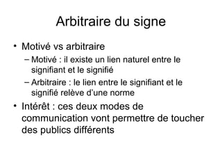 Arbitraire du signe
• Motivé vs arbitraire
  – Motivé : il existe un lien naturel entre le
    signifiant et le signifié
  – Arbitraire : le lien entre le signifiant et le
    signifié relève d’une norme
• Intérêt : ces deux modes de
  communication vont permettre de toucher
  des publics différents
 