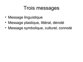 Trois messages
• Message linguistique
• Message plastique, littéral, dénoté
• Message symbolique, culturel, connoté
 