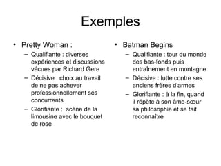 Exemples
• Pretty Woman :                  • Batman Begins
  – Qualifiante : diverses          – Qualifiante : tour du monde
    expériences et discussions        des bas-fonds puis
    vécues par Richard Gere           entraînement en montagne
  – Décisive : choix au travail     – Décisive : lutte contre ses
    de ne pas achever                 anciens frères d’armes
    professionnellement ses         – Glorifiante : à la fin, quand
    concurrents                       il répète à son âme-sœur
  – Glorifiante : scène de la         sa philosophie et se fait
    limousine avec le bouquet         reconnaître
    de rose
 