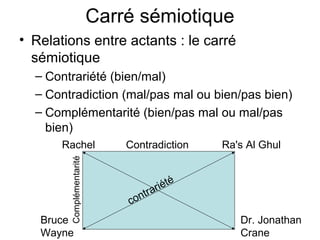 Carré sémiotique
• Relations entre actants : le carré
  sémiotique
  – Contrariété (bien/mal)
  – Contradiction (mal/pas mal ou bien/pas bien)
  – Complémentarité (bien/pas mal ou mal/pas
    bien)
       Rachel                 Contradiction      Ra's Al Ghul
        Complémentarité




                                       ar iété
                              cont r

   Bruce                                            Dr. Jonathan
   Wayne                                            Crane
 