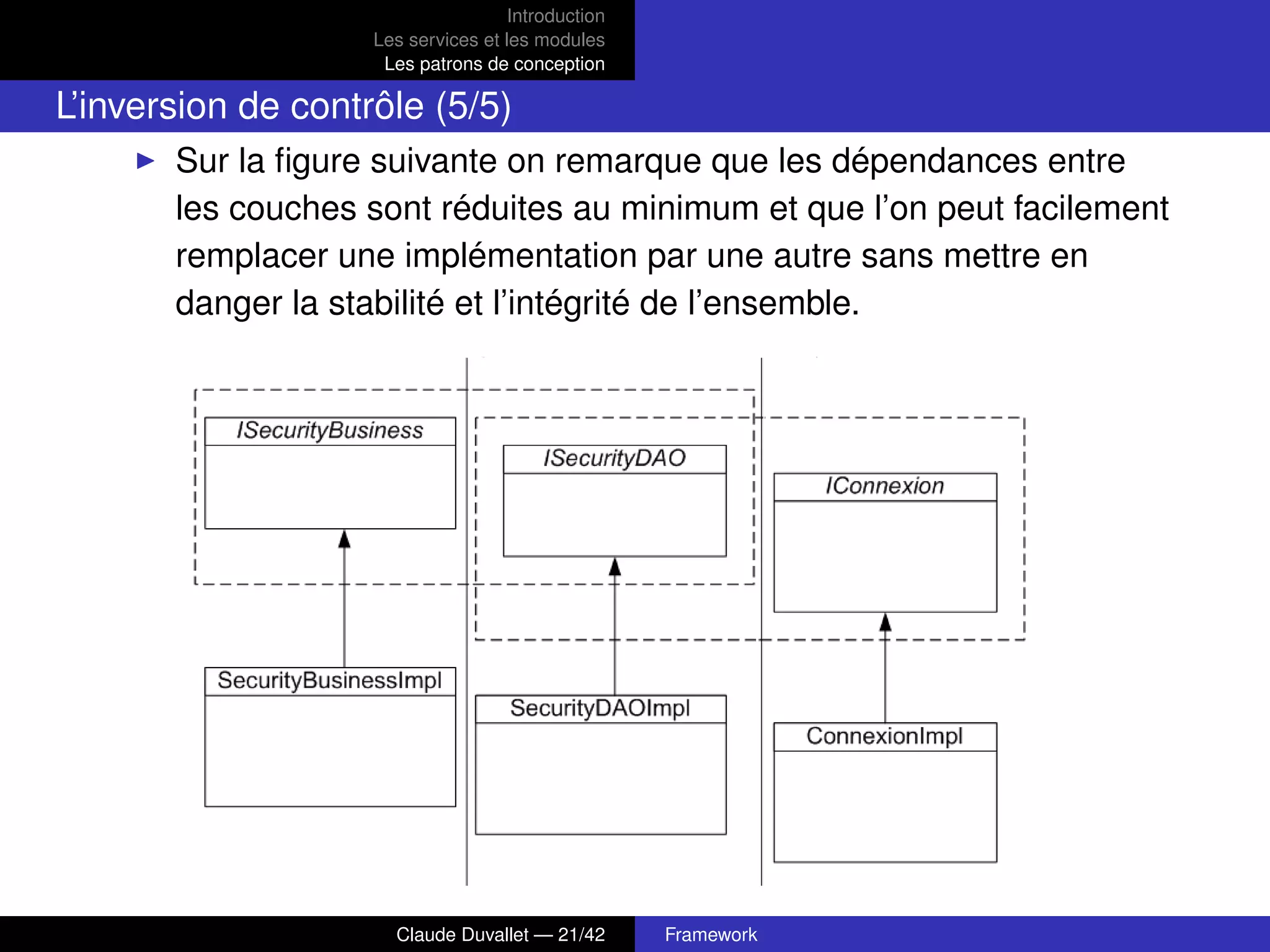 Introduction
Les services et les modules
Les patrons de conception
L’inversion de contrôle (5/5)
Sur la ﬁgure suivante on remarque que les dépendances entre
les couches sont réduites au minimum et que l’on peut facilement
remplacer une implémentation par une autre sans mettre en
danger la stabilité et l’intégrité de l’ensemble.
Claude Duvallet — 21/42 Framework
 