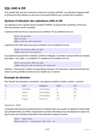 SQL AND & OR
Une requête SQL peut être restreinte à l’aide de la condition WHERE. Les opérateurs logiques AND
et OR peuvent être utilisées au sein de la commande WHERE pour combiner des conditions.
Syntaxe d’utilisation des opérateurs AND et OR
Les opérateurs sont à ajoutés dans la condition WHERE. Ils peuvent être combinés à l’infini pour
filtrer les données comme souhaités.
L’opérateur AND permet de s’assurer que la condition1 ET la condition2 sont vrai :
SELECT nom_colonnes
FROM nom_table
WHERE condition1 AND condition2
L’opérateur OR vérifie quant à lui que la condition1 OU la condition2 est vrai :
SELECT nom_colonnes FROM nom_table
WHERE condition1 OR condition2
Ces opérateurs peuvent être combinés à l’infini et mélangés. L’exemple ci-dessous filtre les résultats
de la table « nom_table » si condition1 ET condition2 OU condition3 est vrai :
SELECT nom_colonnes FROM nom_table
WHERE condition1 AND (condition2 OR condition3)
Attention : il faut penser à utiliser des parenthèses lorsque c’est nécessaire. Cela permet d’éviter les
erreurs car et ça améliore la lecture d’une requête par un humain.
Exemple de données
Pour illustrer les prochaines commandes, nous allons considérer la table « produit » suivante :
id nom categorie stock prix
1 ordinateur informatique 5 950
2 clavier informatique 32 35
3 souris informatique 16 30
4 crayon fourniture 147 2
Opérateur AND
L’opérateur AND permet de joindre plusieurs conditions dans une requête. En gardant la même table
que précédemment, pour filtrer uniquement les produits informatique qui sont presque en rupture de
stock (moins de 20 produits disponible) il faut exécuter la requête suivante :
SELECT * FROM produit
WHERE categorie = 'informatique' AND stock < 20
13/89 sql.sh
 