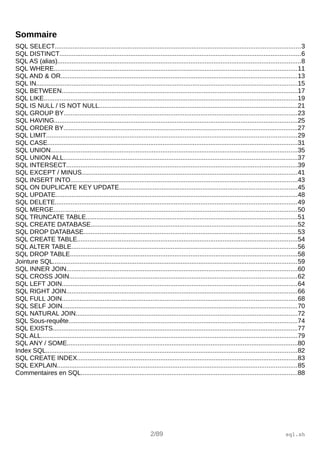 Sommaire
SQL SELECT..........................................................................................................................................3
SQL DISTINCT........................................................................................................................................6
SQL AS (alias).........................................................................................................................................8
SQL WHERE.........................................................................................................................................11
SQL AND & OR.....................................................................................................................................13
SQL IN...................................................................................................................................................15
SQL BETWEEN.....................................................................................................................................17
SQL LIKE...............................................................................................................................................19
SQL IS NULL / IS NOT NULL................................................................................................................21
SQL GROUP BY...................................................................................................................................23
SQL HAVING.........................................................................................................................................25
SQL ORDER BY....................................................................................................................................27
SQL LIMIT.............................................................................................................................................29
SQL CASE.............................................................................................................................................31
SQL UNION...........................................................................................................................................35
SQL UNION ALL....................................................................................................................................37
SQL INTERSECT..................................................................................................................................39
SQL EXCEPT / MINUS.........................................................................................................................41
SQL INSERT INTO................................................................................................................................43
SQL ON DUPLICATE KEY UPDATE....................................................................................................45
SQL UPDATE........................................................................................................................................48
SQL DELETE........................................................................................................................................49
SQL MERGE.........................................................................................................................................50
SQL TRUNCATE TABLE.......................................................................................................................51
SQL CREATE DATABASE....................................................................................................................52
SQL DROP DATABASE........................................................................................................................53
SQL CREATE TABLE............................................................................................................................54
SQL ALTER TABLE...............................................................................................................................56
SQL DROP TABLE................................................................................................................................58
Jointure SQL.........................................................................................................................................59
SQL INNER JOIN..................................................................................................................................60
SQL CROSS JOIN................................................................................................................................62
SQL LEFT JOIN....................................................................................................................................64
SQL RIGHT JOIN..................................................................................................................................66
SQL FULL JOIN....................................................................................................................................68
SQL SELF JOIN....................................................................................................................................70
SQL NATURAL JOIN.............................................................................................................................72
SQL Sous-requête.................................................................................................................................74
SQL EXISTS..........................................................................................................................................77
SQL ALL................................................................................................................................................79
SQL ANY / SOME..................................................................................................................................80
Index SQL.............................................................................................................................................82
SQL CREATE INDEX............................................................................................................................83
SQL EXPLAIN.......................................................................................................................................85
Commentaires en SQL..........................................................................................................................88
2/89 sql.sh
 