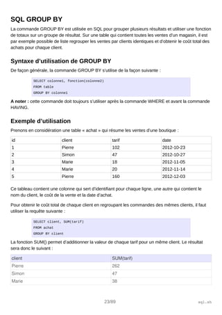SQL GROUP BY
La commande GROUP BY est utilisée en SQL pour grouper plusieurs résultats et utiliser une fonction
de totaux sur un groupe de résultat. Sur une table qui contient toutes les ventes d’un magasin, il est
par exemple possible de liste regrouper les ventes par clients identiques et d’obtenir le coût total des
achats pour chaque client.
Syntaxe d’utilisation de GROUP BY
De façon générale, la commande GROUP BY s’utilise de la façon suivante :
SELECT colonne1, fonction(colonne2)
FROM table
GROUP BY colonne1
A noter : cette commande doit toujours s’utiliser après la commande WHERE et avant la commande
HAVING.
Exemple d’utilisation
Prenons en considération une table « achat » qui résume les ventes d’une boutique :
id client tarif date
1 Pierre 102 2012-10-23
2 Simon 47 2012-10-27
3 Marie 18 2012-11-05
4 Marie 20 2012-11-14
5 Pierre 160 2012-12-03
Ce tableau contient une colonne qui sert d’identifiant pour chaque ligne, une autre qui contient le
nom du client, le coût de la vente et la date d’achat.
Pour obtenir le coût total de chaque client en regroupant les commandes des mêmes clients, il faut
utiliser la requête suivante :
SELECT client, SUM(tarif)
FROM achat
GROUP BY client
La fonction SUM() permet d’additionner la valeur de chaque tarif pour un même client. Le résultat
sera donc le suivant :
client SUM(tarif)
Pierre 262
Simon 47
Marie 38
23/89 sql.sh
 