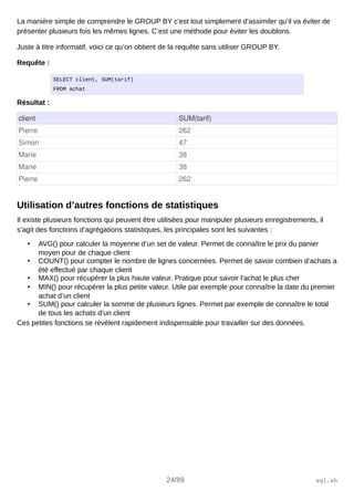 La manière simple de comprendre le GROUP BY c’est tout simplement d’assimiler qu’il va éviter de
présenter plusieurs fois les mêmes lignes. C’est une méthode pour éviter les doublons.
Juste à titre informatif, voici ce qu’on obtient de la requête sans utiliser GROUP BY.
Requête :
SELECT client, SUM(tarif)
FROM achat
Résultat :
client SUM(tarif)
Pierre 262
Simon 47
Marie 38
Marie 38
Pierre 262
Utilisation d’autres fonctions de statistiques
Il existe plusieurs fonctions qui peuvent être utilisées pour manipuler plusieurs enregistrements, il
s’agit des fonctions d’agrégations statistiques, les principales sont les suivantes :
• AVG() pour calculer la moyenne d’un set de valeur. Permet de connaître le prix du panier
moyen pour de chaque client
• COUNT() pour compter le nombre de lignes concernées. Permet de savoir combien d’achats a
été effectué par chaque client
• MAX() pour récupérer la plus haute valeur. Pratique pour savoir l’achat le plus cher
• MIN() pour récupérer la plus petite valeur. Utile par exemple pour connaître la date du premier
achat d’un client
• SUM() pour calculer la somme de plusieurs lignes. Permet par exemple de connaître le total
de tous les achats d’un client
Ces petites fonctions se révèlent rapidement indispensable pour travailler sur des données.
24/89 sql.sh
 