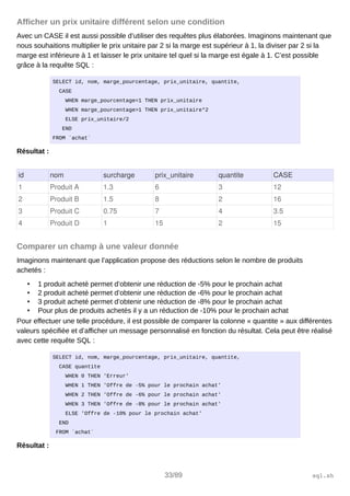 Afficher un prix unitaire différent selon une condition
Avec un CASE il est aussi possible d’utiliser des requêtes plus élaborées. Imaginons maintenant que
nous souhaitions multiplier le prix unitaire par 2 si la marge est supérieur à 1, la diviser par 2 si la
marge est inférieure à 1 et laisser le prix unitaire tel quel si la marge est égale à 1. C’est possible
grâce à la requête SQL :
SELECT id, nom, marge_pourcentage, prix_unitaire, quantite,
CASE
WHEN marge_pourcentage=1 THEN prix_unitaire
WHEN marge_pourcentage>1 THEN prix_unitaire*2
ELSE prix_unitaire/2
END
FROM `achat`
Résultat :
id nom surcharge prix_unitaire quantite CASE
1 Produit A 1.3 6 3 12
2 Produit B 1.5 8 2 16
3 Produit C 0.75 7 4 3.5
4 Produit D 1 15 2 15
Comparer un champ à une valeur donnée
Imaginons maintenant que l’application propose des réductions selon le nombre de produits
achetés :
• 1 produit acheté permet d’obtenir une réduction de -5% pour le prochain achat
• 2 produit acheté permet d’obtenir une réduction de -6% pour le prochain achat
• 3 produit acheté permet d’obtenir une réduction de -8% pour le prochain achat
• Pour plus de produits achetés il y a un réduction de -10% pour le prochain achat
Pour effectuer une telle procédure, il est possible de comparer la colonne « quantite » aux différentes
valeurs spécifiée et d’afficher un message personnalisé en fonction du résultat. Cela peut être réalisé
avec cette requête SQL :
SELECT id, nom, marge_pourcentage, prix_unitaire, quantite,
CASE quantite
WHEN 0 THEN 'Erreur'
WHEN 1 THEN 'Offre de -5% pour le prochain achat'
WHEN 2 THEN 'Offre de -6% pour le prochain achat'
WHEN 3 THEN 'Offre de -8% pour le prochain achat'
ELSE 'Offre de -10% pour le prochain achat'
END
FROM `achat`
Résultat :
33/89 sql.sh
 