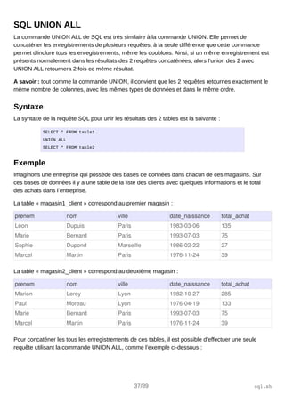 SQL UNION ALL
La commande UNION ALL de SQL est très similaire à la commande UNION. Elle permet de
concaténer les enregistrements de plusieurs requêtes, à la seule différence que cette commande
permet d’inclure tous les enregistrements, même les doublons. Ainsi, si un même enregistrement est
présents normalement dans les résultats des 2 requêtes concaténées, alors l’union des 2 avec
UNION ALL retournera 2 fois ce même résultat.
A savoir : tout comme la commande UNION, il convient que les 2 requêtes retournes exactement le
même nombre de colonnes, avec les mêmes types de données et dans le même ordre.
Syntaxe
La syntaxe de la requête SQL pour unir les résultats des 2 tables est la suivante :
SELECT * FROM table1
UNION ALL
SELECT * FROM table2
Exemple
Imaginons une entreprise qui possède des bases de données dans chacun de ces magasins. Sur
ces bases de données il y a une table de la liste des clients avec quelques informations et le total
des achats dans l’entreprise.
La table « magasin1_client » correspond au premier magasin :
prenom nom ville date_naissance total_achat
Léon Dupuis Paris 1983­03­06 135
Marie Bernard Paris 1993­07­03 75
Sophie Dupond Marseille 1986­02­22 27
Marcel Martin Paris 1976­11­24 39
La table « magasin2_client » correspond au deuxième magasin :
prenom nom ville date_naissance total_achat
Marion Leroy Lyon 1982­10­27 285
Paul Moreau Lyon 1976­04­19 133
Marie Bernard Paris 1993­07­03 75
Marcel Martin Paris 1976­11­24 39
Pour concaténer les tous les enregistrements de ces tables, il est possible d’effectuer une seule
requête utilisant la commande UNION ALL, comme l’exemple ci-dessous :
37/89 sql.sh
 