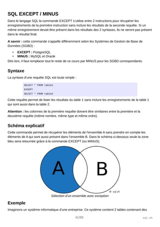 SQL EXCEPT / MINUS
Dans le langage SQL la commande EXCEPT s’utilise entre 2 instructions pour récupérer les
enregistrements de la première instruction sans inclure les résultats de la seconde requête. Si un
même enregistrement devait être présent dans les résultats des 2 syntaxes, ils ne seront pas présent
dans le résultat final.
A savoir : cette commande s’appelle différemment selon les Systèmes de Gestion de Base de
Données (SGBD) :
• EXCEPT : PostgreSQL
• MINUS : MySQL et Oracle
Dès lors, il faut remplacer tout le reste de ce cours par MINUS pour les SGBD correspondants.
Syntaxe
La syntaxe d’une requête SQL est toute simple :
SELECT * FROM table1
EXCEPT
SELECT * FROM table2
Cette requête permet de lister les résultats du table 1 sans inclure les enregistrements de la table 1
qui sont aussi dans la table 2.
Attention : les colonnes de la première requête doivent être similaires entre la première et la
deuxième requête (même nombre, même type et même ordre).
Schéma explicatif
Cette commande permet de récupérer les éléments de l’ensemble A sans prendre en compte les
éléments de A qui sont aussi présent dans l’ensemble B. Dans le schéma ci-dessous seule la zone
bleu sera retournée grâce à la commande EXCEPT (ou MINUS).
Sélection d’un ensemble avec exception
Exemple
Imaginons un système informatique d’une entreprise. Ce système contient 2 tables contenant des
41/89 sql.sh
 