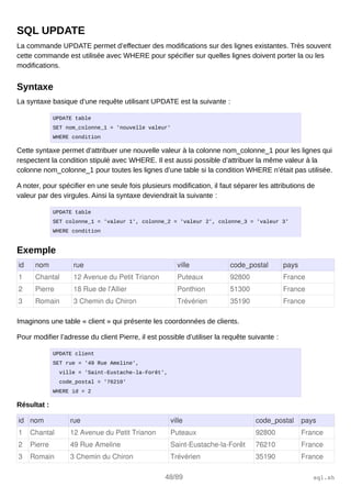 SQL UPDATE
La commande UPDATE permet d’effectuer des modifications sur des lignes existantes. Très souvent
cette commande est utilisée avec WHERE pour spécifier sur quelles lignes doivent porter la ou les
modifications.
Syntaxe
La syntaxe basique d’une requête utilisant UPDATE est la suivante :
UPDATE table
SET nom_colonne_1 = 'nouvelle valeur'
WHERE condition
Cette syntaxe permet d’attribuer une nouvelle valeur à la colonne nom_colonne_1 pour les lignes qui
respectent la condition stipulé avec WHERE. Il est aussi possible d’attribuer la même valeur à la
colonne nom_colonne_1 pour toutes les lignes d’une table si la condition WHERE n’était pas utilisée.
A noter, pour spécifier en une seule fois plusieurs modification, il faut séparer les attributions de
valeur par des virgules. Ainsi la syntaxe deviendrait la suivante :
UPDATE table
SET colonne_1 = 'valeur 1', colonne_2 = 'valeur 2', colonne_3 = 'valeur 3'
WHERE condition
Exemple
id nom rue ville code_postal pays
1 Chantal 12 Avenue du Petit Trianon Puteaux 92800 France
2 Pierre 18 Rue de l'Allier Ponthion 51300 France
3 Romain 3 Chemin du Chiron Trévérien 35190 France
Imaginons une table « client » qui présente les coordonnées de clients.
Pour modifier l’adresse du client Pierre, il est possible d’utiliser la requête suivante :
UPDATE client
SET rue = '49 Rue Ameline',
ville = 'Saint-Eustache-la-Forêt',
code_postal = '76210'
WHERE id = 2
Résultat :
id nom rue ville code_postal pays
1 Chantal 12 Avenue du Petit Trianon Puteaux 92800 France
2 Pierre 49 Rue Ameline Saint­Eustache­la­Forêt 76210 France
3 Romain 3 Chemin du Chiron Trévérien 35190 France
48/89 sql.sh
 