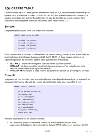 SQL CREATE TABLE
La commande CREATE TABLE permet de créer une table en SQL. Un tableau est une entité qui est
contenu dans une base de données pour stocker des données ordonnées dans des colonnes. La
création d’une table sert à définir les colonnes et le type de données qui seront contenus dans
chacun des colonne (entier, chaîne de caractères, date, valeur binaire …).
Syntaxe
La syntaxe générale pour créer une table est la suivante :
CREATE TABLE nom_de_la_table
(
colonne1 type_donnees,
colonne2 type_donnees,
colonne3 type_donnees,
colonne4 type_donnees
)
Dans cette requête, 4 colonnes ont été définies. Le mot-clé « type_donnees » sera à remplacer par
un mot-clé pour définir le type de données (INT, DATE, TEXT …). Pour chaque colonne, il est
également possible de définir des options telles que (liste non-exhaustive) :
• NOT NULL : empêche d’enregistrer une valeur nulle pour une colonne.
• DEFAULT : attribuer une valeur par défaut si aucune données n’est indiquée pour cette
colonne lors de l’ajout d’une ligne dans la table.
• PRIMARY KEY : indiquer si cette colonne est considérée comme clé primaire pour un index.
Exemple
Imaginons que l’ont souhaite créer une table utilisateur, dans laquelle chaque ligne correspond à un
utilisateur inscrit sur un site web. La requête pour créer cette table peut ressembler à ceci :
CREATE TABLE utilisateur
(
id INT PRIMARY KEY NOT NULL,
nom VARCHAR(100),
prenom VARCHAR(100),
email VARCHAR(255),
date_naissance DATE,
pays VARCHAR(255),
ville VARCHAR(255),
code_postal VARCHAR(5),
nombre_achat INT
)
Voici des explications sur les colonnes créées :
• id : identifiant unique qui est utilisé comme clé primaire et qui n’est pas nulle
• nom : nom de l’utilisateur dans une colonne de type VARCHAR avec un maximum de 100
54/89 sql.sh
 