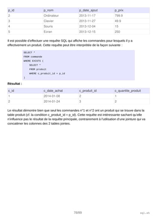 p_id p_nom p_date_ajout p_prix
2 Ordinateur 2013­11­17 799.9
3 Clavier 2013­11­27 49.9
4 Souris 2013­12­04 15
5 Ecran 2013­12­15 250
Il est possible d’effectuer une requête SQL qui affiche les commandes pour lesquels il y a
effectivement un produit. Cette requête peut être interprétée de la façon suivante :
SELECT *
FROM commande
WHERE EXISTS (
SELECT *
FROM produit
WHERE c_produit_id = p_id
)
Résultat :
c_id c_date_achat c_produit_id c_quantite_produit
1 2014­01­08 2 1
2 2014­01­24 3 2
Le résultat démontre bien que seul les commandes n°1 et n°2 ont un produit qui se trouve dans la
table produit (cf. la condition c_produit_id = p_id). Cette requête est intéressante sachant qu’elle
n’influence pas le résultat de la requête principale, contrairement à l’utilisation d’une jointure qui va
concaténer les colonnes des 2 tables jointes.
78/89 sql.sh
 