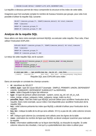 ) ENGINE=InnoDB DEFAULT CHARSET=utf8 AUTO_INCREMENT=698;
La requête ci-dessous permet de mieux comprendre la structure et les index de cette table.
Imaginons que l’ont souhaite compter le nombre de fuseaux horaires par groupe, pour cela il est
possible d’utiliser la requête SQL suivante :
SELECT timezone_groupe_fr, COUNT(timezone_detail) AS total_timezone
FROM `timezones`
GROUP BY timezone_groupe_fr
ORDER BY timezone_groupe_fr ASC
Analyse de la requête SQL
Nous allons voir dans notre exemple comment MySQL va exécuter cette requête. Pour cela, il faut
utiliser l’instruction EXPLAIN :
EXPLAIN SELECT timezone_groupe_fr, COUNT(timezone_detail) AS total_timezone
FROM `timezones`
GROUP BY timezone_groupe_fr
ORDER BY timezone_groupe_fr ASC
Le retour de cette requête SQL est le suivant :
Requête SQL avec EXPLAIN sans index
Dans cet exemple on constate les champs suivants :
• id : identifiant de SELECT
• select_type : type de cause SELECT (exemple : SIMPLE, PRIMARY, UNION, DEPENDENT
UNION, SUBQUERY, DEPENDENT SUBSELECT ou DERIVED)
• table : table à laquelle la ligne fait référence
• type : le type de jointure utilisé (exemple : system, const, eq_ref, ref, ref_or_null,
index_merge, unique_subquery, index_subquery, range, index ou ALL)
• possible_keys : liste des index que MySQL pourrait utiliser pour accélérer l’exécution de la
requête. Dans notre exemple, aucun index n’est disponible pour accélérer l’exécution de la
requête SQL
• key : cette colonne présente les index que MySQL a décidé d’utiliser pour l’exécution de la
requête
• key_len : indique la taille de la clé qui sera utilisée. S’il n’y a pas de clé, cette colonne renvois
NULL
• ref : indique quel colonne (ou constante) sont utilisés avec les lignes de la table
• rows : estimation du nombre de ligne que MySQL va devoir analyser examiner pour exécuter
la requête
• Extra : information additionnelle sur la façon dont MySQL va résoudre la requête. Si cette
colonne retourne des résultats, c’est qu’il y a potentiellement des index à utiliser pour
86/89 sql.sh
 