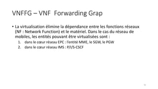 VNFFG – VNF Forwarding Grap
• La virtualisation élimine la dépendance entre les fonctions réseaux
(NF : Network Function) et le matériel. Dans le cas du réseau de
mobiles, les entités pouvant être virtualisées sont :
1. dans le cœur réseau EPC : l’entité MME, le SGW, le PGW
2. dans le cœur réseau IMS : P/I/S-CSCF
92
 