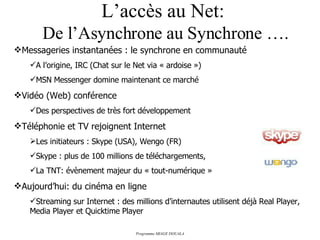 L’accès au Net:  De l’Asynchrone au Synchrone …. Messageries instantanées : le synchrone en communauté A l’origine, IRC (Chat sur le Net via « ardoise ») MSN Messenger domine maintenant ce marché Vidéo (Web) conférence Des perspectives de très fort développement Téléphonie et TV rejoignent Internet Les initiateurs : Skype (USA), Wengo (FR) Skype : plus de 100 millions de téléchargements,  La TNT: évènement majeur du « tout-numérique » Aujourd’hui: du cinéma en ligne Streaming sur Internet : des millions d’internautes utilisent déjà Real Player, Media Player et Quicktime Player 
