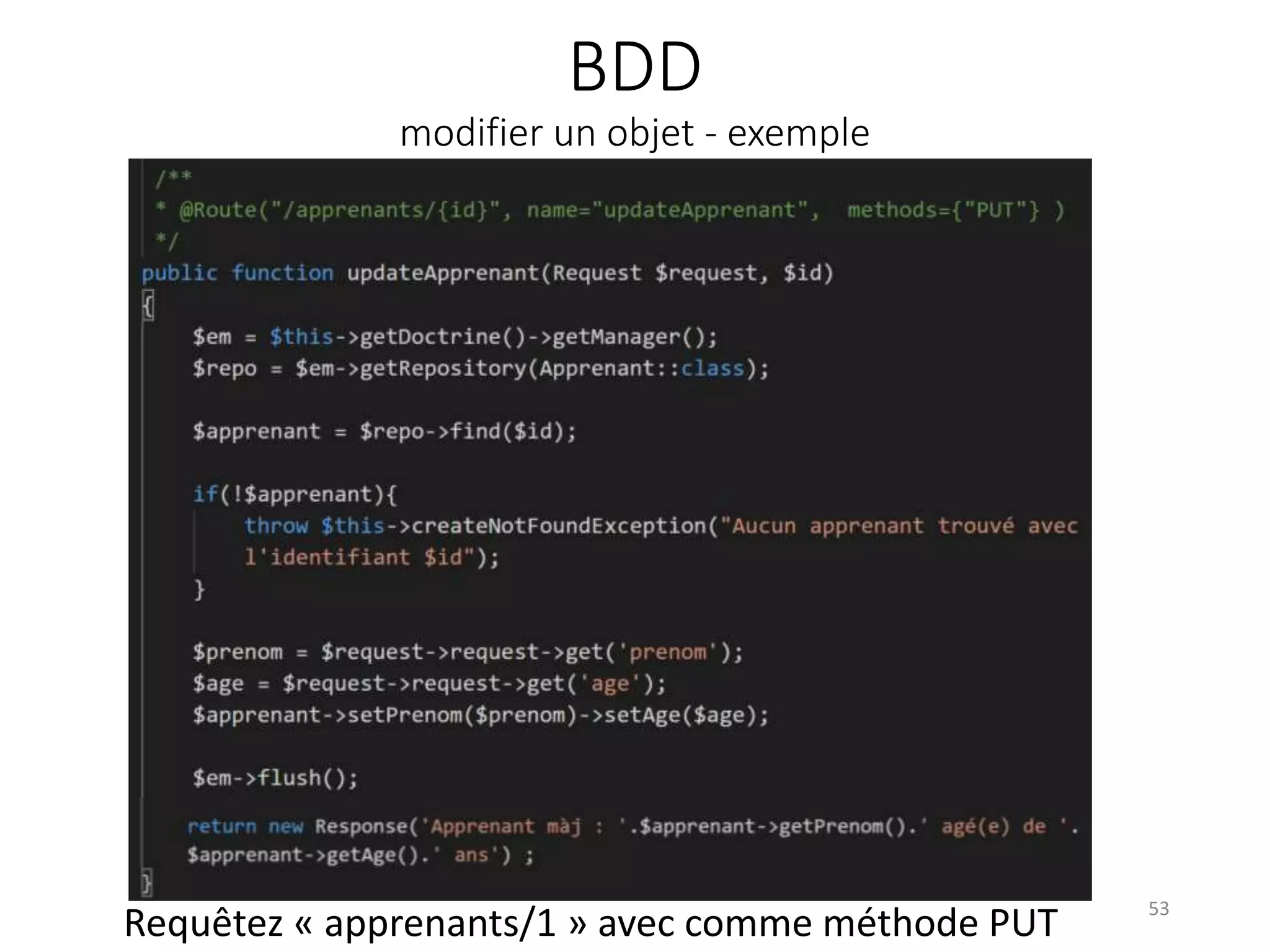 BDD
modifier un objet - exemple
53
Requêtez « apprenants/1 » avec comme méthode PUT
 