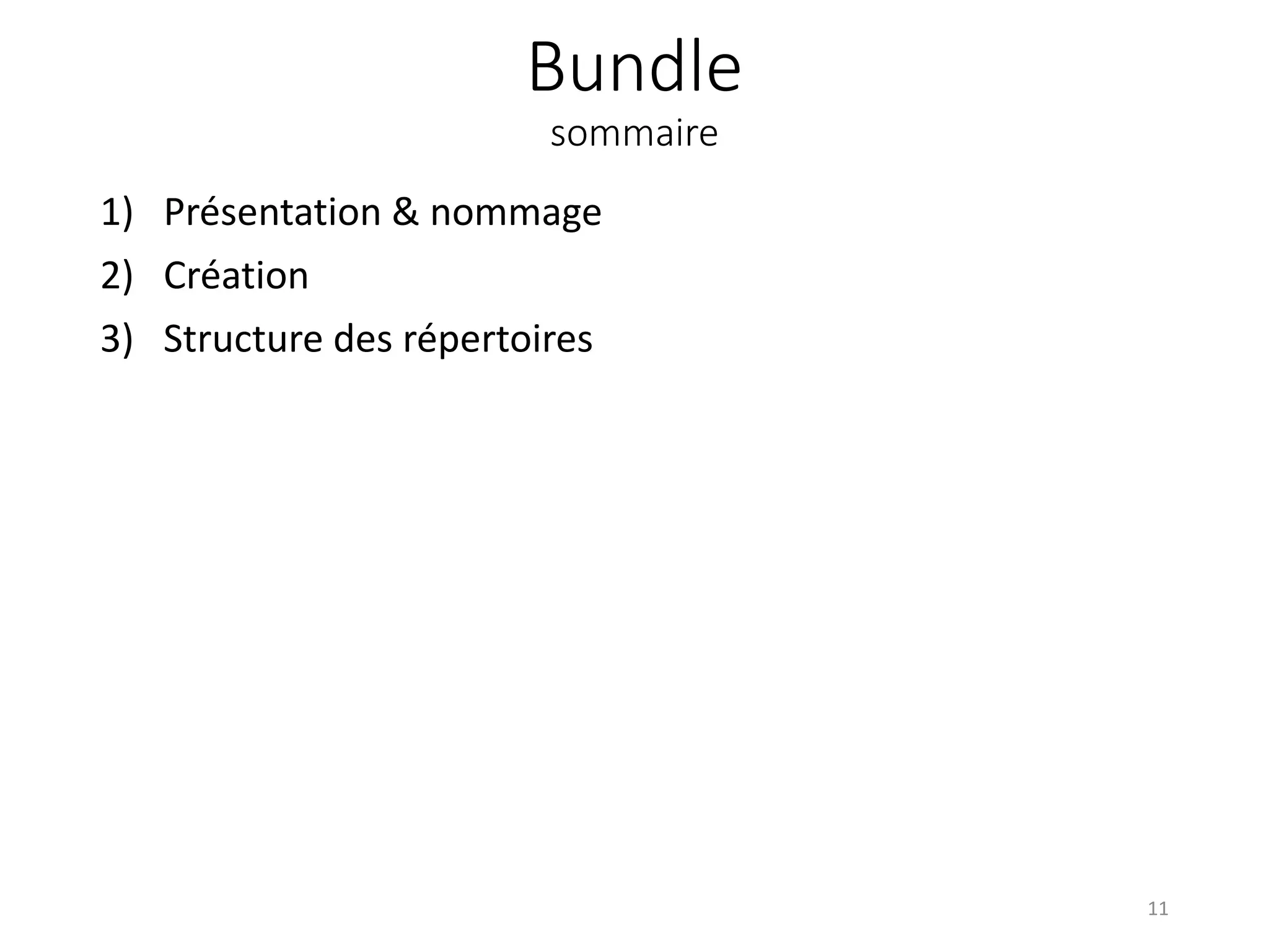 Bundle sommaire 1) Présentation & nommage 2) Création 3) Structure des répertoires 11 