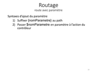 Routage
route avec paramètre
Syntaxes d’ajout du paramètre
1) Suffixer {nomParametre} au path
2) Passer $nomParametre en paramètre à l’action du
contrôleur
19
 
