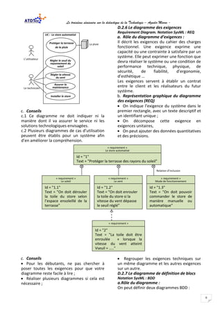 Le troisième séminaire sur la didactique de la Technologie – Agadir Maroc -
6
c. Conseils
c.1 Ce diagramme ne doit indiquer ni la
manière dont il va assurer le service ni les
solutions technologiques envisagées.
c.2 Plusieurs diagrammes de cas d’utilisation
peuvent être établis pour un système afin
d’en améliorer la compréhension.
D.2.6 Le diagramme des exigences
Requirement Diagram. Notation SysML : REQ
a. Rôle du diagramme d’exigences :
Il décrit les exigences du cahier des charges
fonctionnel. Une exigence exprime une
capacité ou une contrainte à satisfaire par un
système. Elle peut exprimer une fonction que
devra réaliser le système ou une condition de
performance technique, physique, de
sécurité, de fiabilité, d’ergonomie,
d’esthétique …
Les exigences servent à établir un contrat
entre le client et les réalisateurs du futur
système.
b. Représentation graphique du diagramme
des exigences (REQ)
• On indique l’exigence du système dans le
premier rectangle, avec un texte descriptif et
un identifiant unique ;
• On décompose cette exigence en
exigences unitaires,
• On peut ajouter des données quantitatives
et des précisions.
c. Conseils
• Pour les débutants, ne pas chercher à
poser toutes les exigences pour que votre
diagramme reste facile à lire ;
• Réaliser plusieurs diagrammes si cela est
nécessaire ;
• Regrouper les exigences techniques sur
un même diagramme et les autres exigences
sur un autre.
D.2.7 Le diagramme de définition de blocs
Notation SysML : BDD
a.Rôle du diagramme :
On peut définir deux diagrammes BDD :
« requirement »
Le store automatisé
Id = "1"
Text = "Protéger la terrasse des rayons du soleil"
Id = "1.2"
Text = "On doit enrouler
la toile du store si la
vitesse du vent dépasse
le seuil réglé"
Id = "1.1"
Text = "On doit dérouler
la toile du store selon
l’espace ensoleillé de la
terrasse"
Id = "1.3"
Text = "On doit pouvoir
commander le store de
manière manuelle ou
automatique"
« requirement »
Mode de fonctionnement
« requirement »
Le soleil
« requirement »
Le vent
Id = "2"
Text = "La toile doit être
enroulée « lorsque la
vitesse du vent atteint
Vseuil = ….."
« requirement »
Relation d’inclusion
UC : Le store automatisé
La pluie
L’utilisateur
Installer le store
Protéger la terrasse
de la pluie
Le technicien
Assurer la
maintenance
Régler la vitesse
du vent
Régler le seuil du
rayonnement du
soleil
 