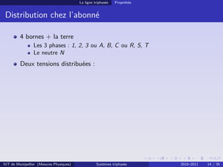 La ligne triphasée   Propriétés


 Distribution chez l’abonné

         4 bornes + la terre
                Les 3 phases : 1, 2, 3 ou A, B, C ou R, S, T
                Le neutre N
         Deux tensions distribuées :




IUT de Montpellier (Mesures Physiques)             Systèmes triphasés      2010–2011   14 / 35
 