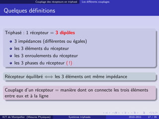 Couplage des récepteurs en triphasé   Les diﬀérents couplages


 Quelques déﬁnitions


 Triphasé : 1 récepteur = 3 dipôles
         3 impédances (diﬀérentes ou égales)
         les 3 éléments du récepteur
         les 3 enroulements du récepteur
         les 3 phases du récepteur ( !)

 Récepteur équilibré ⇐⇒ les 3 éléments ont même impédance

 Couplage d’un récepteur = manière dont on connecte les trois éléments
 entre eux et à la ligne



IUT de Montpellier (Mesures Physiques)               Systèmes triphasés                   2010–2011   17 / 35
 