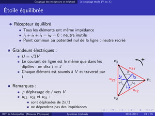 Couplage des récepteurs en triphasé   Le couplage étoile (Y ou λ)


 Étoile équilibrée

         Récepteur équilibré
                Tous les éléments ont même impédance
                i1 + i2 + i3 = iN = 0 : neutre inutile
                Point commun au potentiel nul de la ligne : neutre recréé

        Grandeurs électriques :
                    √
               U = 3V
               Le courant de ligne est le même que dans les
               dipôles : on dira I = J
               Chaque élément est soumis à V et traversé par
               I

        Remarques :
               ϕ déphasage de I vers V
               u12 , u23 et u31 :
                       sont déphasées de 2π/3
                       ne dépendent pas des impédances
IUT de Montpellier (Mesures Physiques)               Systèmes triphasés                       2010–2011   19 / 35
 