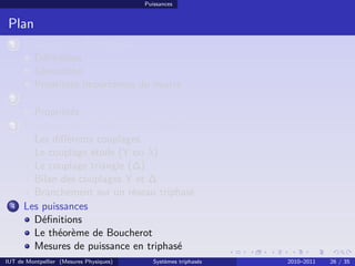 Puissances


 Plan
 1    Présentation du triphasé
        Déﬁnitions
        Génération
        Propriétés importantes du neutre
 2    La ligne triphasée
        Propriétés
 3    Couplage des récepteurs en triphasé
        Les diﬀérents couplages
        Le couplage étoile (Y ou λ)
        Le couplage triangle (∆)
        Bilan des couplages Y et ∆
        Branchement sur un réseau triphasé
 4    Les puissances
        Déﬁnitions
        Le théorème de Boucherot
        Mesures de puissance en triphasé
IUT de Montpellier (Mesures Physiques)      Systèmes triphasés   2010–2011   26 / 35
 