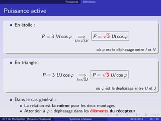 Puissances   Déﬁnitions


 Puissance active

         En étoile :
                                                                      √
                              P = 3 VI cos ϕ      =⇒
                                                   √             P=       3 UI cos ϕ
                                                U= 3V

                                                                   où ϕ est le déphasage entre I et V


         En triangle :
                                                                      √
                               P = 3 UJ cos ϕ =⇒
                                               √                 P=       3 UI cos ϕ
                                                 I= 3J

                                                                   où ϕ est le déphasage entre U et J

         Dans le cas général :
                La relation est la même pour les deux montages
                Attention à ϕ : déphasage dans les éléments du récepteur
IUT de Montpellier (Mesures Physiques)      Systèmes triphasés                         2010–2011   28 / 35
 