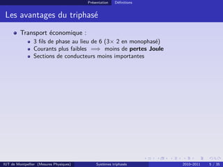 Présentation   Déﬁnitions


 Les avantages du triphasé
         Transport économique :
                3 ﬁls de phase au lieu de 6 (3× 2 en monophasé)
                Courants plus faibles =⇒ moins de pertes Joule
                Sections de conducteurs moins importantes




IUT de Montpellier (Mesures Physiques)       Systèmes triphasés      2010–2011   5 / 35
 