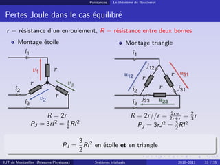 Puissances   Le théorème de Boucherot


 Pertes Joule dans le cas équilibré
 r = résistance d’un enroulement, R = résistance entre deux bornes
        Montage étoile                                            Montage triangle


                            r
                                                                                      r
                                                                       r
               r
                                                                                  r
                             r

                                                                                 2r ·r
                    R = 2r                                         R = 2r //r = 2r +r = 2 r
                                                                                         3
               PJ = 3rI 2 = 3 RI 2
                            2                                        PJ = 3rJ 2 = 3 RI 2
                                                                                   2

                                     3
                                 PJ = RI 2 en étoile et en triangle
                                     2
IUT de Montpellier (Mesures Physiques)       Systèmes triphasés                           2010–2011   33 / 35
 