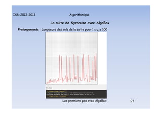 Algorithmique
ISN 2012-2013
Les premiers pas avec AlgoBox 27
La suite de Syracuse avec AlgoBox
Prolongements : Longueurs des vols de la suite pour 1 ≤ u0 ≤ 100
La suite de Syracuse : prolongements : lg vols
 