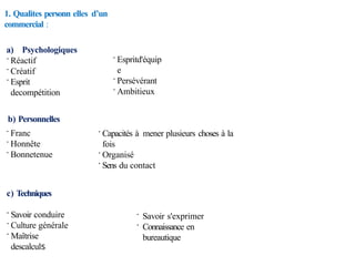 1. Qualites personn elles d’un
commercial :
a) Psychologiques
· Réactif
· Créatif
· Esprit
decompétition
· Espritd'équip
e
· Persévérant
· Ambitieux
b) Personnelles
· Franc
· Honnête
· Bonnetenue
c) Techniques
· Savoir conduire
· Culture générale
· Maîtrise
descalculs
· Savoir s'exprimer
· Connaissance en
bureautique
· Capacités à mener plusieurs choses à la
fois
· Organisé
· Sens du contact
 