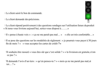 Le client saisit le bon de commande.
Le client demande des précisions.
Le client répond positivement à des questions sondages sur l‘utilisation future duproduit
« Si nous vous livrions aujourd‘hui, seriez-vous disposé à……..»
Il « pense à haute voix » : « ça ne me paraît pas mal… » « elle est très confortable…»
Il se pose des questions sur les modalités de règlement : « je pourrais vous payer à 30 jours
fin de mois ? » « vous acceptez les cartes de crédit ?»
Il souhaite être rassuré « vous êtes sûr que c‘est solide ? » « la livraison est gratuite, n‘est-
ce pas ? »
Il demande l‘avis d‘un tiers : « qu‘en penses-tu ? » « mois ça ne me paraît pas mal,et
toi… ? »
 