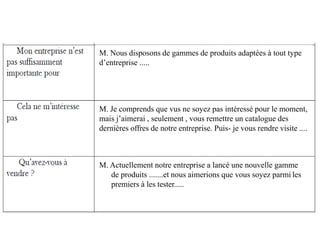 M. Je comprends que vus ne soyez pas intéressé pour le moment,
mais j’aimerai , seulement , vous remettre un catalogue des
dernières offres de notre entreprise. Puis- je vous rendre visite ....
M. Actuellement notre entreprise a lancé une nouvelle gamme
de produits .......et nous aimerions que vous soyez parmi les
premiers à les tester.....
M. Nous disposons de gammes de produits adaptées à tout type
d’entreprise .....
 