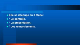  Elle se découpe en 3 étape:
 * Le contrôle.
 * La présentation.
 * Les remerciements.
 