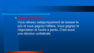  Gagnant/Perdant
Vous refusez catégoriquement de baisser le
prix et vous gagnez l'affaire. Vous gagnez la
négociation et l'autre a perdu. C'est aussi
une décision unilatérale
 