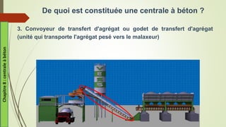 De quoi est constituée une centrale à béton ?
3. Convoyeur de transfert d'agrégat ou godet de transfert d'agrégat
(unité qui transporte l'agrégat pesé vers le malaxeur)
Chapitre
8
:
centrale
à
béton
 