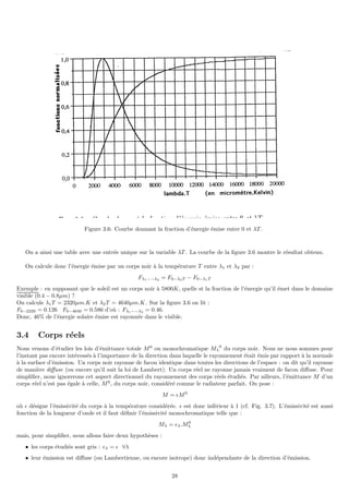 Figure 3.6: Courbe donnant la fraction d’énergie émise entre 0 et λT .
On a ainsi une table avec une entrée unique sur la variable λT . La courbe de la figure 3.6 montre le résultat obtenu.
On calcule donc l’énergie émise par un corps noir à la température T entre λ1 et λ2 par :
Fλ1−−λ2 = F0−λ2T − F0−λ1T
Exemple : en supposant que le soleil est un corps noir à 5800K, quelle st la fraction de l’énergie qu’il émet dans le domaine
visible (0.4 − 0.8µm) ?
On calcule λ1T = 2320µm.K et λ2T = 4640µm.K. Sur la figure 3.6 on lit :
F0−2320 = 0.126 F0−4640 = 0.586 d’où : Fλ1−−λ2 = 0.46.
Donc, 46% de l’énergie solaire émise est rayonnée dans le visible.
3.4 Corps réels
Nous venons d’étudier les lois d’émittance totale M0
ou monochromatique Mλ
0
du corps noir. Nous ne nous sommes pour
l’instant pas encore intéressés à l’importance de la direction dans laquelle le rayonnement était émis par rapport à la normale
à la surface d’émission. Un corps noir rayonne de facon identique dans toutes les directions de l’espace : on dit qu’il rayonne
de manière diffuse (ou encore qu’il suit la loi de Lambert). Un corps réel ne rayonne jamais vraiment de facon diffuse. Pour
simplifier, nous ignorerons cet aspect directionnel du rayonnement des corps réels étudiés. Par ailleurs, l’émittance M d’un
corps réel n’est pas égale à celle, M0
, du corps noir, considéré comme le radiateur parfait. On pose :
M = ǫM0
où ǫ désigne l’émissivité du corps à la température considérée. ǫ est donc inférieur à 1 (cf. Fig. 3.7). L’émissivité est aussi
fonction de la longueur d’onde et il faut définir l’émissivité monochromatique telle que :
Mλ = ǫλ.M0
λ
mais, pour simplifier, nous allons faire deux hypothèses :
• les corps étudiés sont gris : ǫλ = ǫ ∀λ
• leur émission est diffuse (ou Lambertienne, ou encore isotrope) donc indépendante de la direction d’émission.
28
 