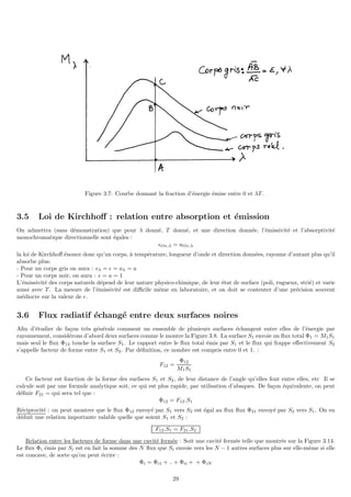 Figure 3.7: Courbe donnant la fraction d’énergie émise entre 0 et λT .
3.5 Loi de Kirchhoff : relation entre absorption et émission
On admettra (sans démonstration) que pour λ donné, T donné, et une direction donnée, l’émissivité et l’absorptivité
monochromatique directionnelle sont égales :
ǫOx,λ = aOx,λ
la loi de Kirchhoff énonce donc qu’un corps, à température, longueur d’onde et direction données, rayonne d’autant plus qu’il
absorbe plus:
- Pour un corps gris on aura : ǫλ = ǫ = aλ = a
- Pour un corps noir, on aura : ǫ = a = 1
L’émissivité des corps naturels dépend de leur nature physico-chimique, de leur état de surface (poli, rugueux, strié) et varie
aussi avec T . La mesure de l’émissivité est difficile même en laboratoire, et on doit se contenter d’une précision souvent
médiocre sur la valeur de ǫ.
3.6 Flux radiatif échangé entre deux surfaces noires
Afin d’étudier de façon très générale comment un ensemble de plusieurs surfaces échangent entre elles de l’énergie par
rayonnement, considérons d’abord deux surfaces comme le montre la Figure 3.8. La surface S1 envoie un flux total Φ1 = M1S1
mais seul le flux Φ12 touche la surface S1. Le rapport entre le flux total émis par S1 et le flux qui frappe effectivement S2
s’appelle facteur de forme entre S1 et S2. Par définition, ce nombre est compris entre 0 et 1. :
F12 =
Φ12
M1S1
Ce facteur est fonction de la forme des surfaces S1 et S2, de leur distance de l’angle qu’elles font entre elles, etc Il se
calcule soit par une formule analytique soit, ce qui est plus rapide, par utilisation d’abaques. De façon équivalente, on peut
définir F21 = qui sera tel que :
Φ12 = F12.S1
Réciprocité : on peut montrer que le flux Φ12 envoyé par S1 vers S2 est égal au flux flux Φ21 envoyé par S2 vers S1. On en
déduit une relation importante valable quelle que soient S1 et S2 :
F12.S1 = F21.S2
Relation entre les facteurs de forme dans une cavité fermée : Soit une cavité fermée telle que montrée sur la Figure 3.14.
Le flux Φi émis par Si est en fait la somme des N flux que Si envoie vers les N − 1 autres surfaces plus sur elle-même si elle
est concave, de sorte qu’on peut écrire :
Φi = Φi1 + .. + Φii + + ΦiN
29
 