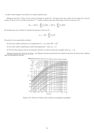 - un flux venant frapper une surface est compté négativement
Désignons par Φi,n le flux net (en watt) qui frappe la surface Si. On peut écrire que ce flux est la somme de ce que la
surface Si émet et de ce qu’elle reçoit des N − 1 autres surfaces ainsi que d’elle-même si elle est concave, soit :
Φi,n = M0
i .Si −
N
X
j=1
FjiM0
j Sj = M0
i .Si −
N
X
j=1
FijM0
j Si
En divisant par Si on obtient la densité de puissance nette sur Si :
φi,n = M0
i −
N
X
j=1
FijM0
j
On notera les cas particuliers suivants :
• Cas d’une surface isotherme à la température Ti : on a alors M0
i = σT 4
i
• Cas d’une surface adiabatique (isolée thermiquement) : alors φi,n = 0
• Cas d’un flux imposé (source de puissance derrière ou dans la paroi par exemple) alors φi,n = φ0
Abaques donnant les facteurs de forme : Les Figures suivantes permettent de calculer les facteurs de forme entre surfaces
dans des géométries diverses.
Figure 3.10: Facteur de forme entre surfaces rectangulaires paralleles.
31
 