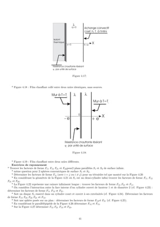 Figure 4.17:
* Figure 4.18 : Film chauffant collé entre deux mûrs identiques, sans sources.
Figure 4.18:
* Figure 4.19 : Film chauffant entre deux mûrs différents.
Exercices de rayonnement
* Trouver les facteurs de forme F11 F12 F21 et F22pour2 plans parallèles S1 et S2 de surface infinie.
* même question pour 2 sphères concentriques de surface S1 et S2.
* Déterminer les facteurs de forme Fij (avec i = j ou i 6= j) pour un tétraèdre tel que montré sur la Figure 4.20
* En considérant la géométrie de la Figure 4.21 où S1 est un demi-cylindre infini trouver les facteurs de forme F11 F12
F21 et F22.
* La Figure 4.22 représente une rainure infiniment longue : trouver les facteurs de forme F12 F21 et F11.
* On considère l’interaction entre la face interne d’un cylindre ouvert de hauteur 1 et de diamètre 2 (cf. Figure 4.23) :
déterminer les facteurs de forme F11 F12 et F21.
* Soit un disque S1 enserré dans un cylindre court et ouvert à ses extrémités (cf. Figure 4.24). Déterminer les facteurs
de forme F13 F23 F22 F21 et F12.
* Soit une sphère posée sur un plan : déterminer les facteurs de forme F12et F21 (cf. Figure 4.25).
* En considérant le parallèlépipède de la Figure 4.26 déterminer F12 et F13.
* Sur la Figure 4.27 déterminer F12 F21 F13 et F23.
41
 