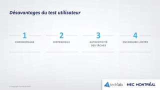 © Copyright Tech3Lab 2016
CHRONOPHAGE DISPENDIEUX AUTHENTICITÉ
DES TÂCHES
ENVERGURE LIMITÉE
1 2 3 4
Désavantages du test utilisateur
 