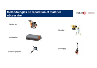 Méthodologies de réparation et matériel
nécessaire
Scie à sol
Balayeuse
Marteau piqueur
Nivellier
Odomètre
 