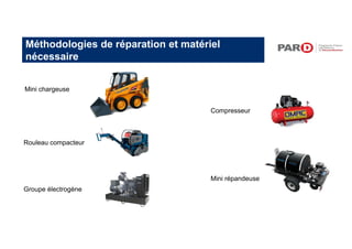 Méthodologies de réparation et matériel
nécessaire
Mini chargeuse
Rouleau compacteur
Groupe électrogène
Compresseur
Mini répandeuse
 