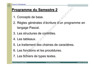 Cours 0: Préambules



Programme du Semestre 2                                                                    H
                                                                                        T A
                                                                                      FA
                                                                                     U
                                                                                   BO
  1. Concepts de base.
                                                                               &
  2. Règles générales d’écriture NEd’un programme en
                                 A
     langage Pascal.           M
                             H
                                                       D A
                         EN
  3. Les structures de contrôles.
                                              B
  4. Les tableaux.                       rs
                                        M
                                 p ar
  5. Le traitementé des chaines de caractères.
                      or
                    ab et les procédures.
                 él
  6. Les fonctions
              rs
           ou
  7. Les fichiers de types textes.
         C
Bureautique & Technologies WEB                    2011-2012©Faculté des Sciences               Semestre1 LMD SM/ST
 