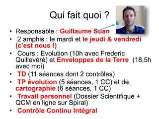 Qui fait quoi ? 
• Responsable : Guillaume Suan 
• 2 amphis : le mardi et le jeudi & vendredi 
(c’est nous !) 
• Cours : Evolution (10h avec Frederic 
Quillevéré) et Enveloppes de la Terre (18,5h 
avec moi) 
• TD (11 séances dont 2 contrôles) 
• TP évolution (5 séances, 1 CC) et de 
cartographie (6 séances, 1 CC) 
• Travail personnel (Dossier Scientifique + 
QCM en ligne sur Spiral) 
• Contrôle Continu Intégral 
 