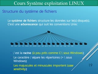 Cours Système exploitation LINUX
Structure du système de fichiers
Le système de fichiers structure les données sur le(s) disque(s).
C’est une arborescence qui suit les conventions Unix:
/
/bin /boot /dev /etc /home /lib /media /mnt /opt /proc /root /run /sbin /sys /tmp /usr /var
19
• / est la racine (à peu près comme C: sous Windows);
• Le caractère / sépare les répertoires (=  sous
Windows);
• Les majuscules et minuscules importent (case
sensitivity);
 