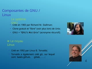 Composantes de GNU /
Linux
Le système
GNU
• Créé en 1983 par Richard M. Stallman;
• Clone gratuit et “libre” (voir plus loin) de Unix;
• GNU = “GNU’s Not Unix” (acronyme récursif);
 Le noyau
Linux
• Créé en 1992 par Linus B. Torvalds;
• Torvalds a également créé git, sur lequel
sont basés github, gitlab, . . . ;
4
 